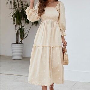 Cream Floral Bohemian Embroidered Maxi Dress